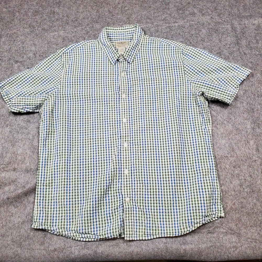 LL Bean Shirt Mens Large Blue Green Seersucker Checked Plaid Button Short Sleeve
